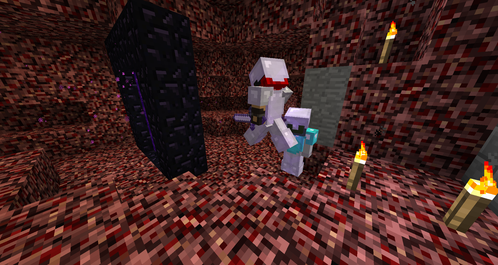 Caradine et Zhao pratiquent la lutte, alors que le groupe se forme dans le nether